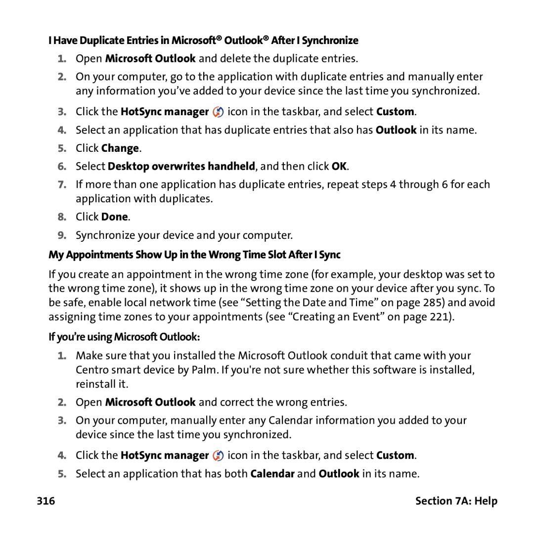 Palm PTR690HKP manual Select Desktop overwrites handheld, and then click OK, If you’re using Microsoft Outlook, 316 