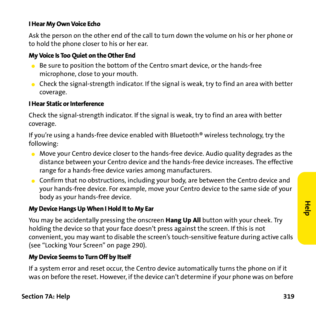 Palm PTR690HKP manual Hear My Own Voice Echo, My Voice Is Too Quiet on the Other End, Hear Static or Interference, Help 319 