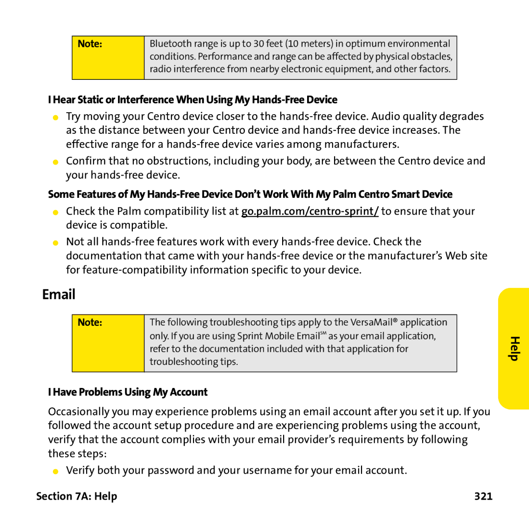 Palm PTR690HKP manual Hear Static or Interference When Using My Hands-Free Device, Have Problems Using My Account, Help 321 