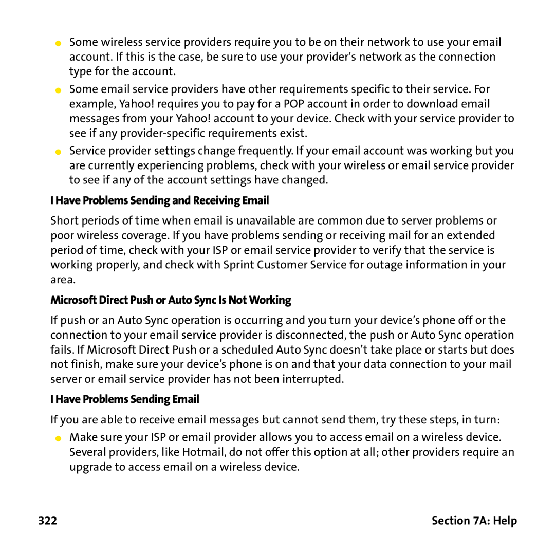 Palm PTR690HKP manual Have Problems Sending and Receiving Email, Microsoft Direct Push or Auto Sync Is Not Working, 322 