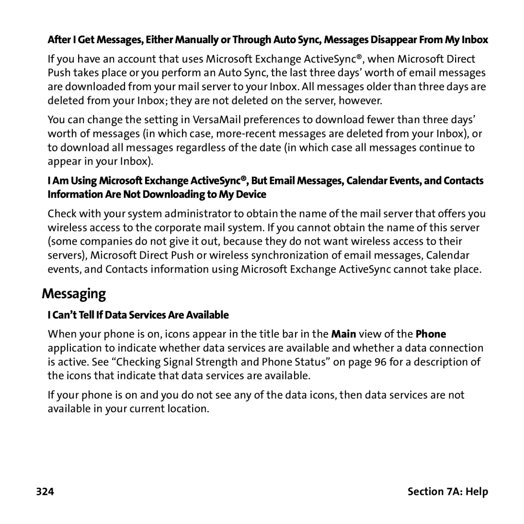Palm PTR690HKP manual Messaging, Can’t Tell If Data Services Are Available, 324 