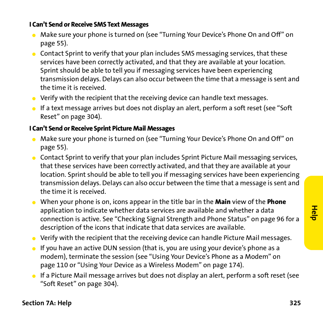 Palm PTR690HKP manual Can’t Send or Receive SMS Text Messages, Can’t Send or Receive Sprint Picture Mail Messages, Help 325 