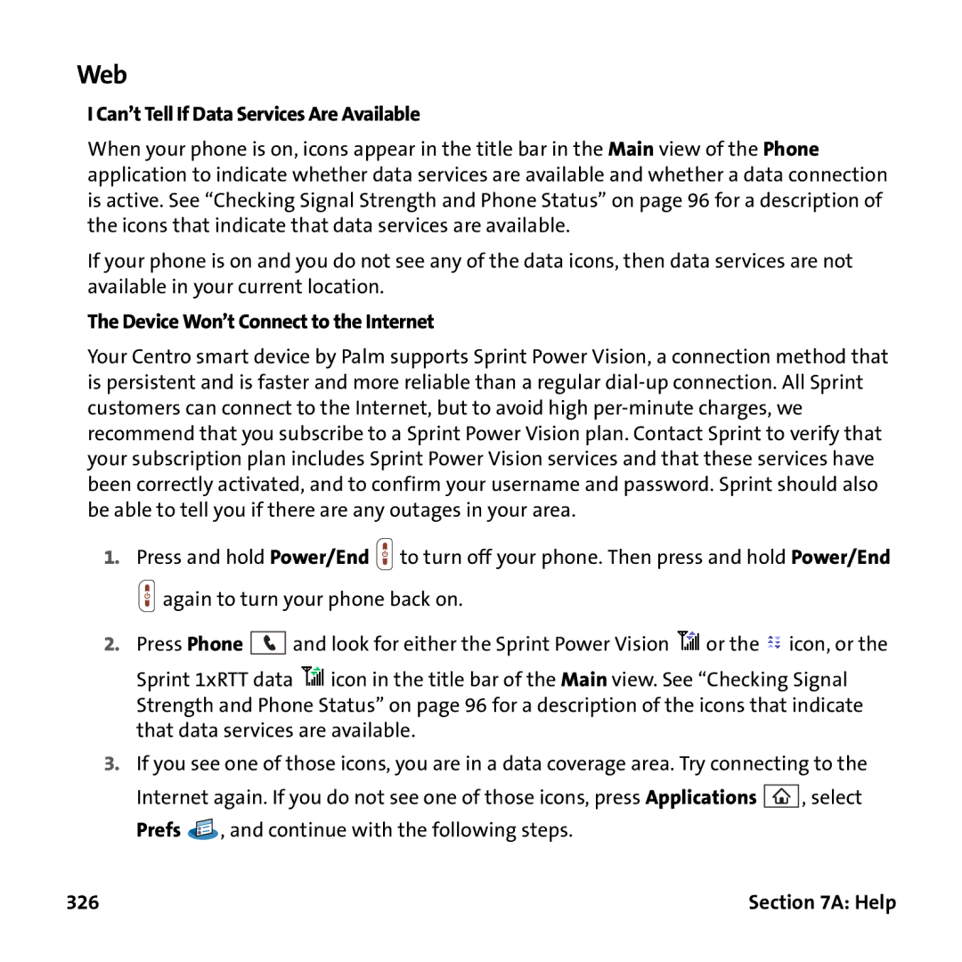 Palm PTR690HKP manual Web, Device Won’t Connect to the Internet, 326 