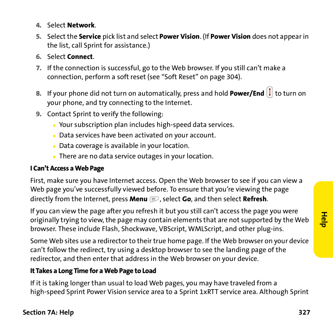 Palm PTR690HKP manual Can’t Access a Web, It Takes a Long Time for a Web Page to Load, Help 327 