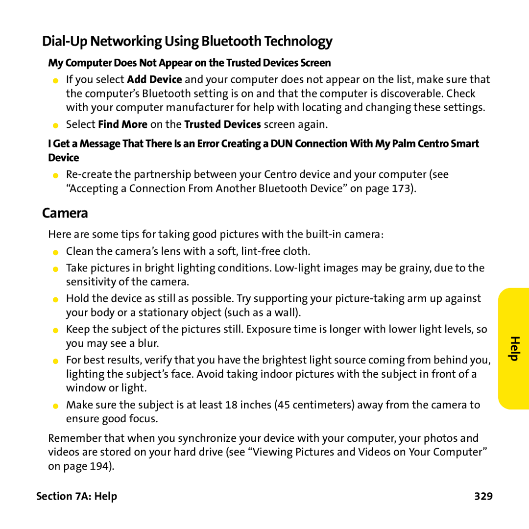 Palm PTR690HKP manual Dial-Up Networking Using Bluetooth Technology, Camera, Help 329 