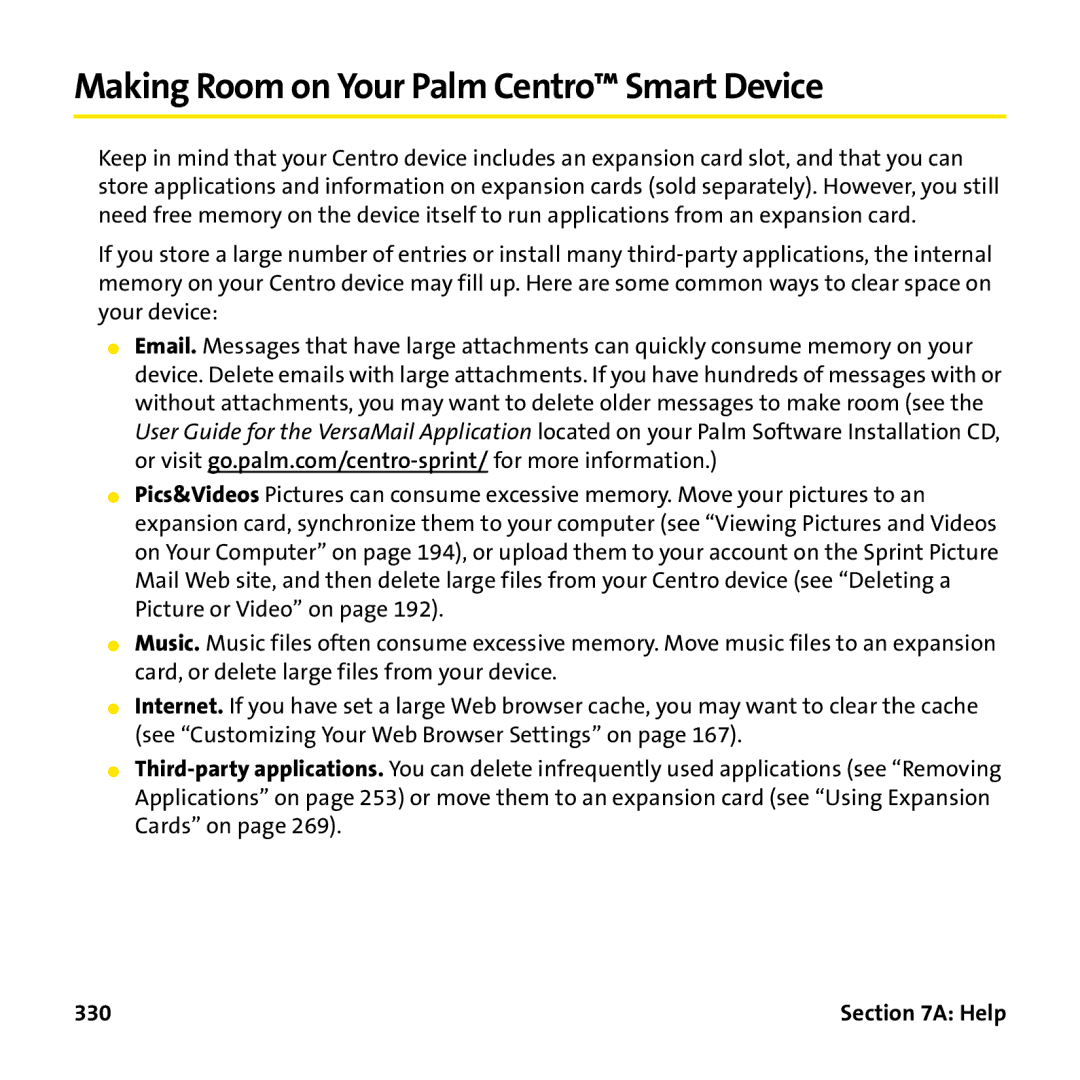 Palm PTR690HKP manual Making Room on Your Palm Centro Smart Device, 330 