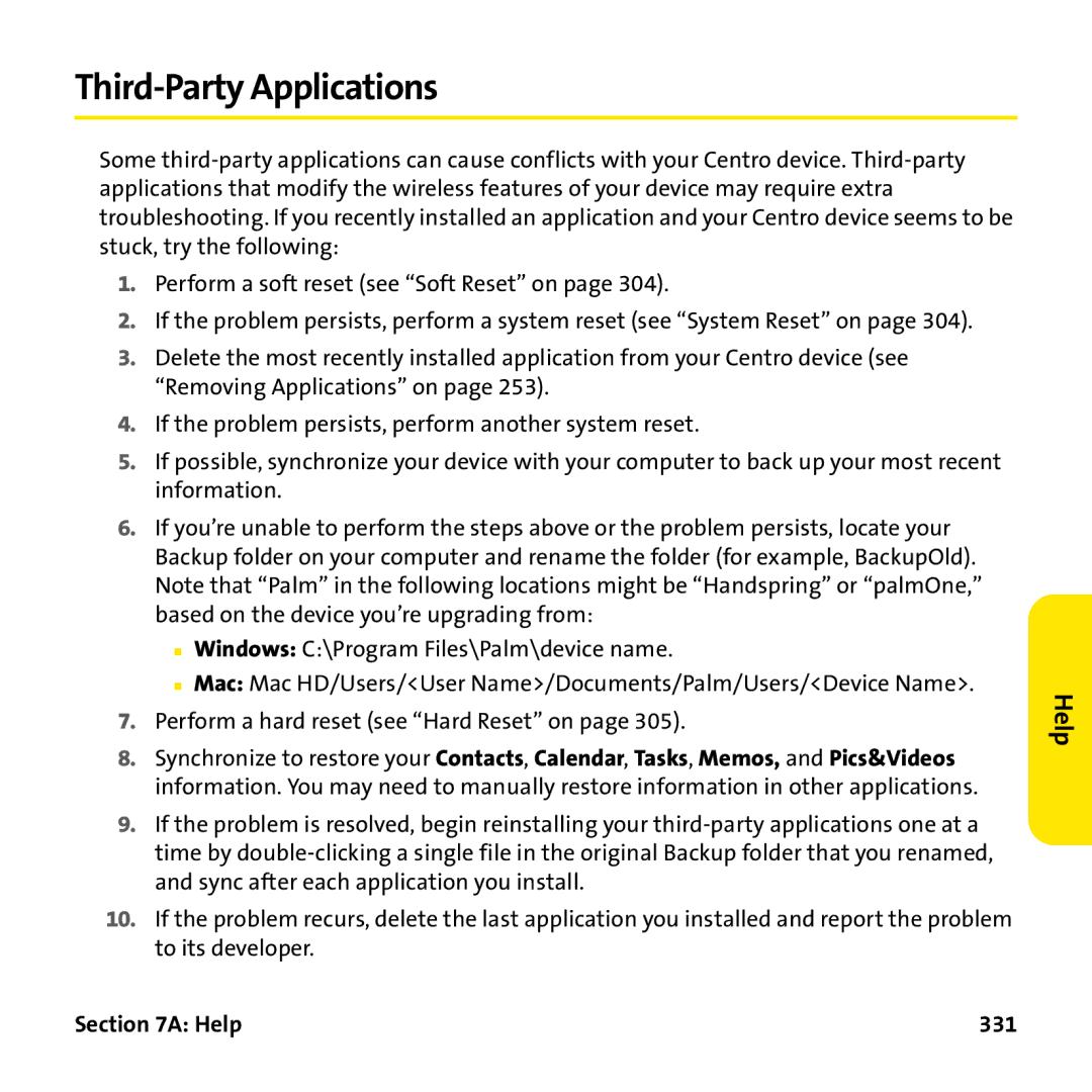 Palm PTR690HKP manual Third-Party Applications, Help 331 