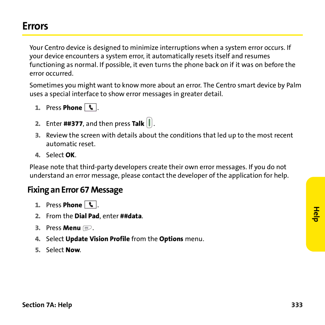 Palm PTR690HKP manual Errors, Fixing an Error 67 Message, Select Update Vision Profile from the Options menu, Help 333 