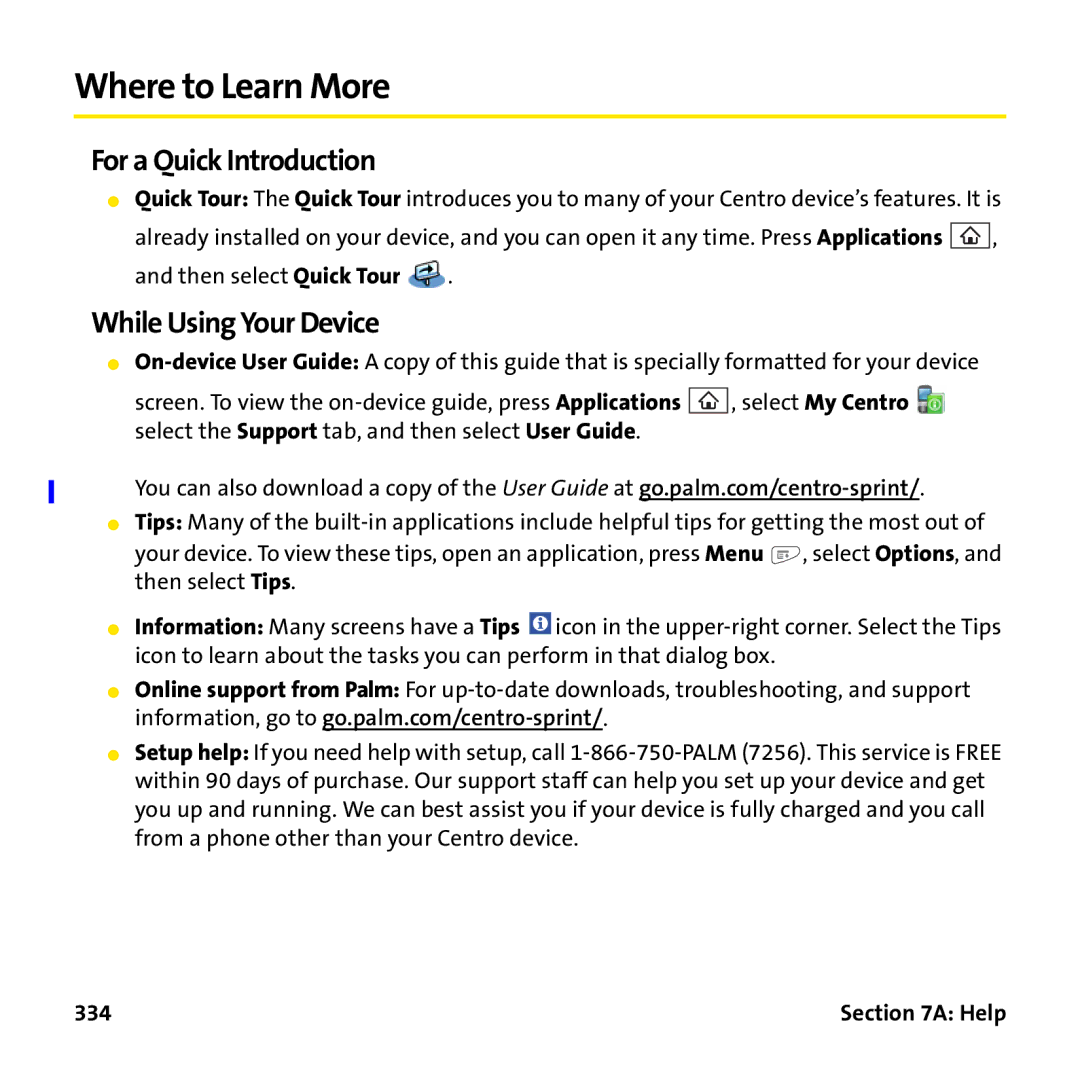 Palm PTR690HKP manual Where to Learn More, For a Quick Introduction, While Using Your Device, 334 