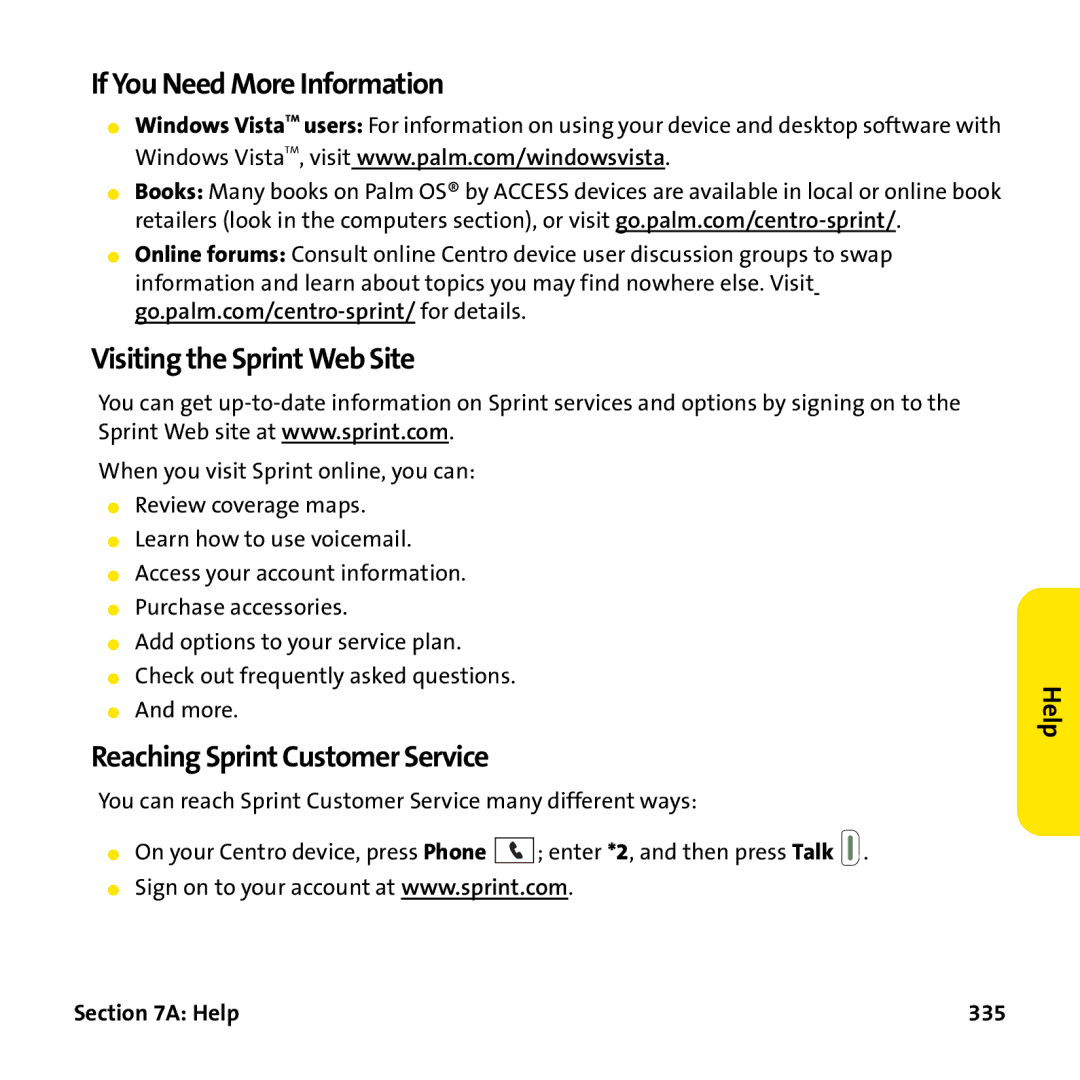 Palm PTR690HKP manual If You Need More Information Visiting the Sprint Web Site, Reaching Sprint Customer Service, Help 335 