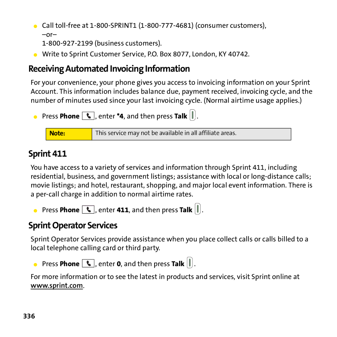 Palm PTR690HKP manual Receiving Automated Invoicing Information, Sprint Operator Services, 336 