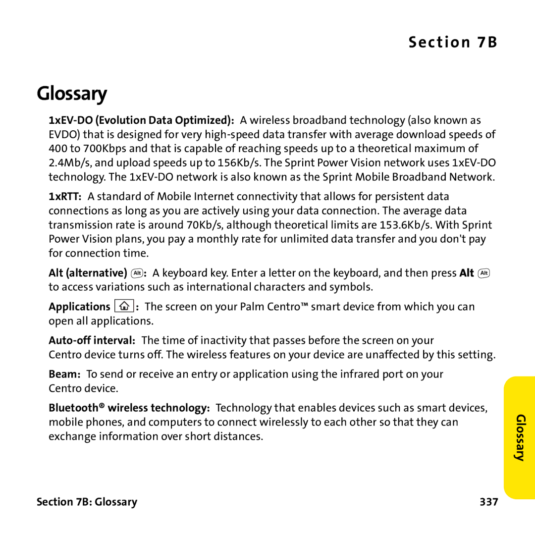 Palm PTR690HKP manual Glossary 337 