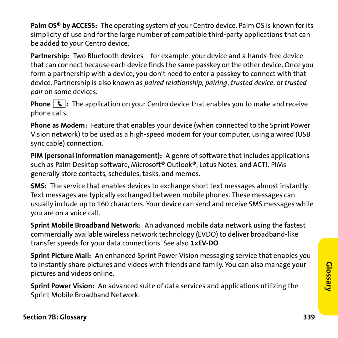 Palm PTR690HKP manual Glossary 339 