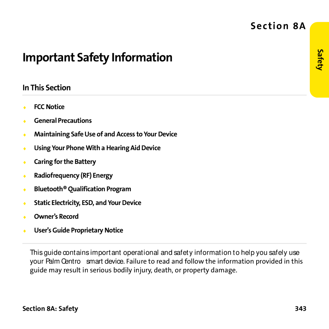 Palm PTR690HKP manual Important Safety Information, Safety 343 