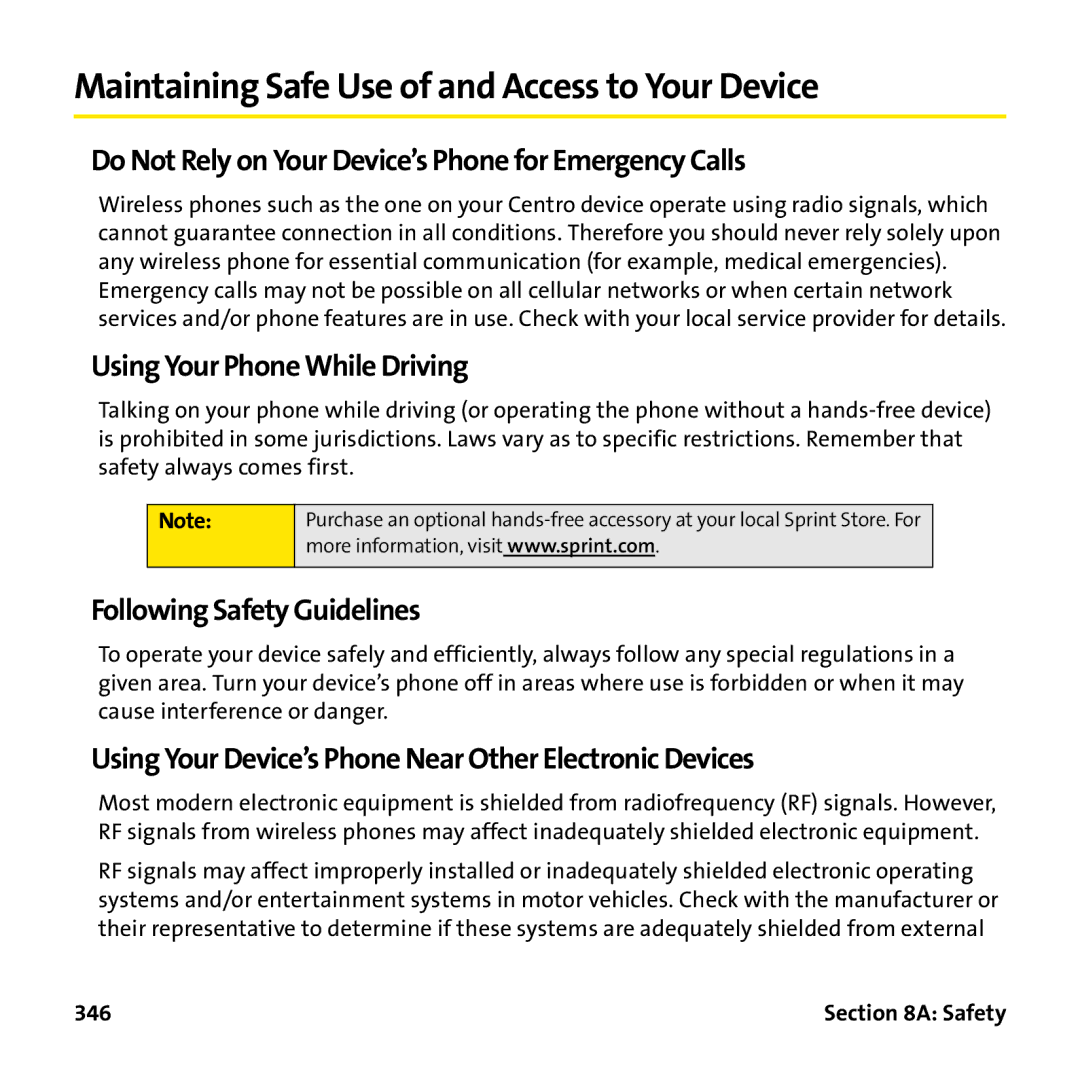 Palm PTR690HKP Maintaining Safe Use of and Access to Your Device, Do Not Rely on Your Device’s Phone for Emergency Calls 