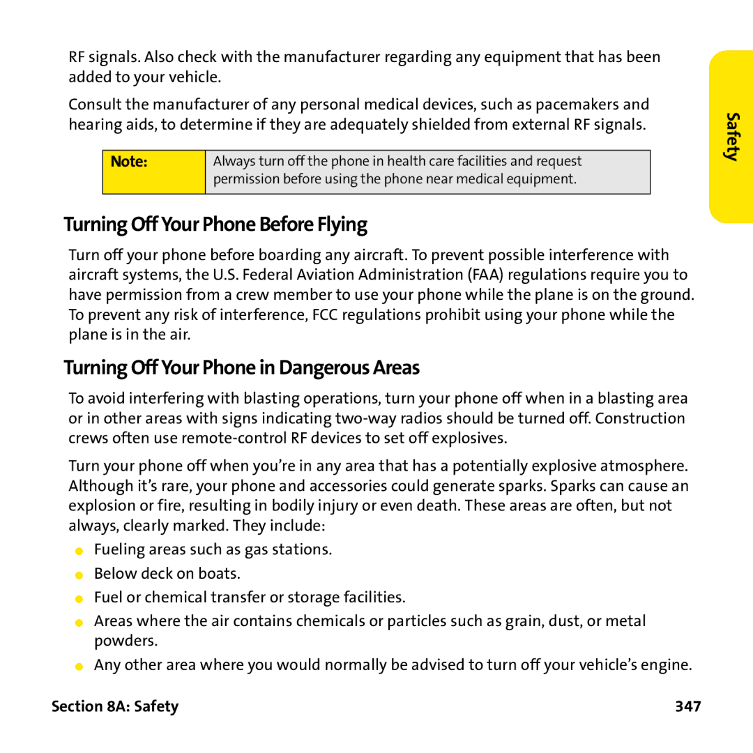 Palm PTR690HKP manual Turning Off Your Phone Before Flying, Turning Off Your Phone in Dangerous Areas, Safety 347 