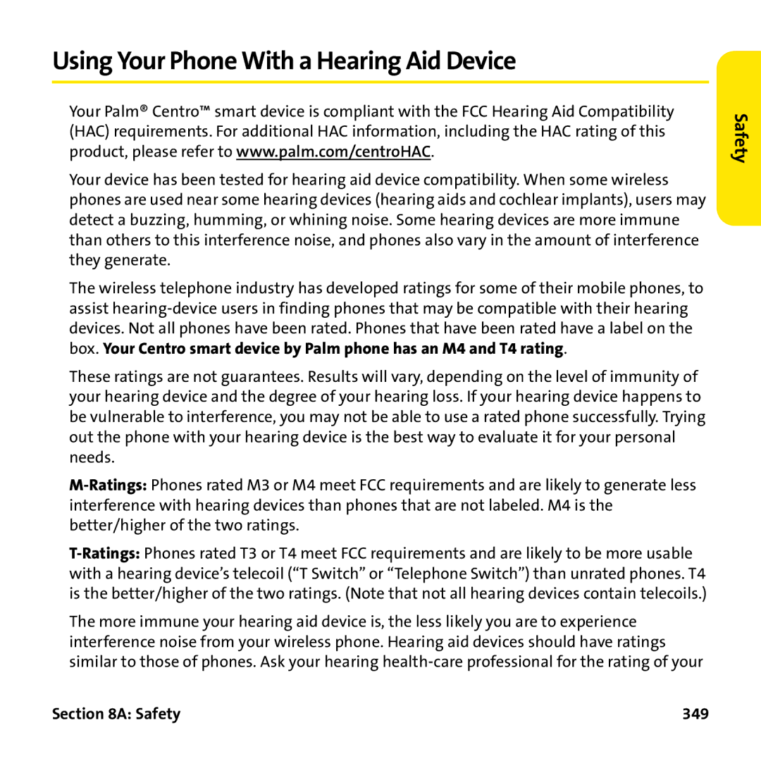 Palm PTR690HKP manual Using Your Phone With a Hearing Aid Device, Safety 349 