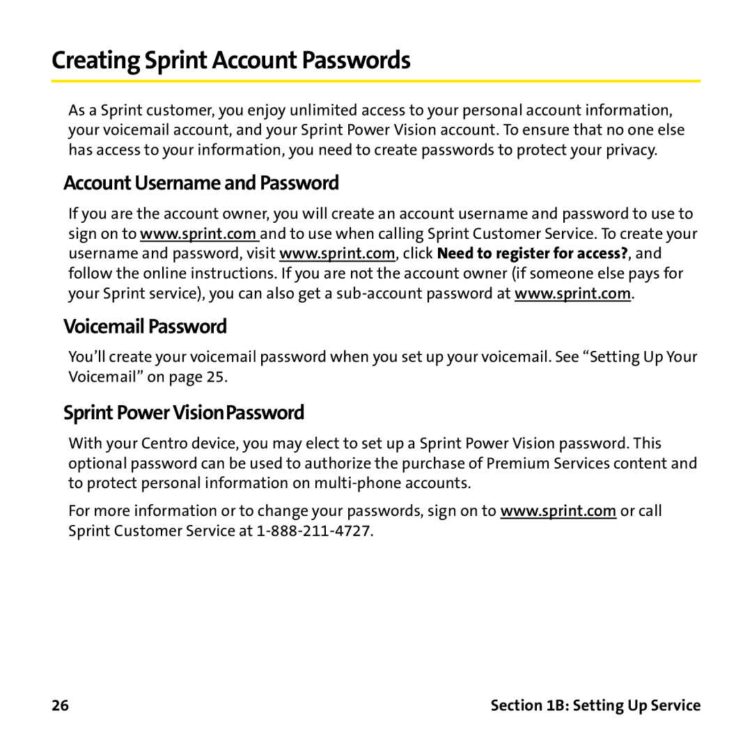 Palm PTR690HKP manual Creating Sprint Account Passwords, Account Username and Password Voicemail Password 