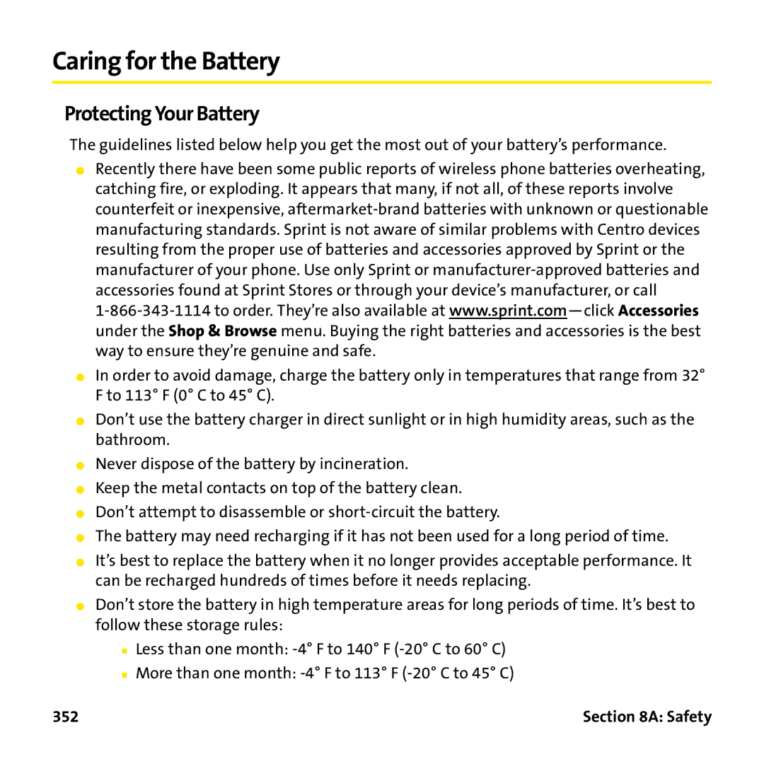 Palm PTR690HKP manual Caring for the Battery, Protecting Your Battery, 352 