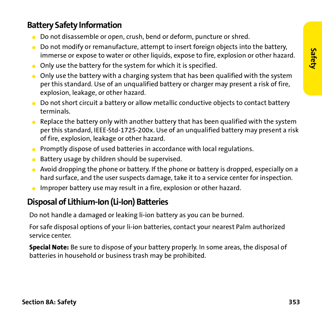 Palm PTR690HKP manual Battery Safety Information, Disposal of Lithium-Ion Li-Ion Batteries, Safety 353 