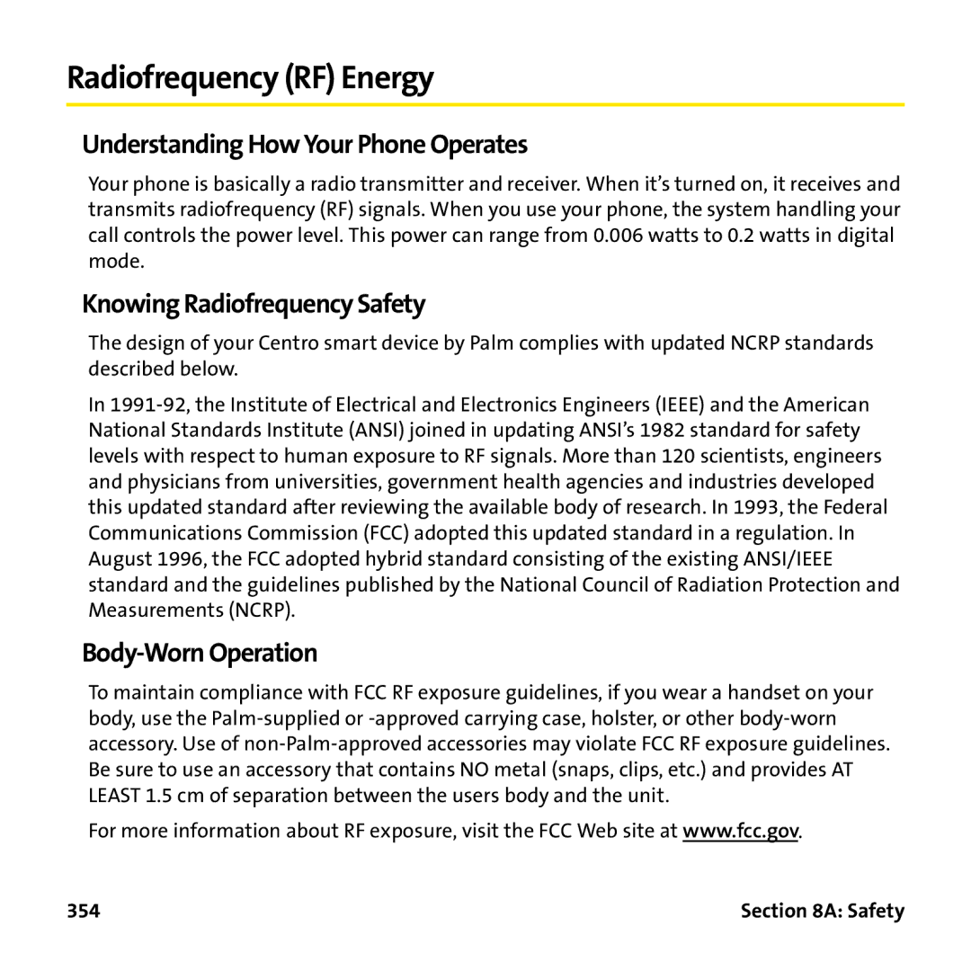 Palm PTR690HKP manual Radiofrequency RF Energy, Understanding How Your Phone Operates, Knowing Radiofrequency Safety, 354 