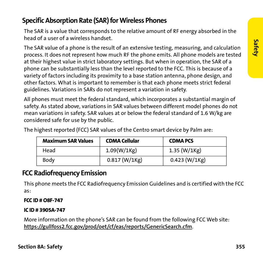 Palm PTR690HKP Specific Absorption Rate SAR for Wireless Phones, FCC Radiofrequency Emission, Cdma Cellular, Safety 355 