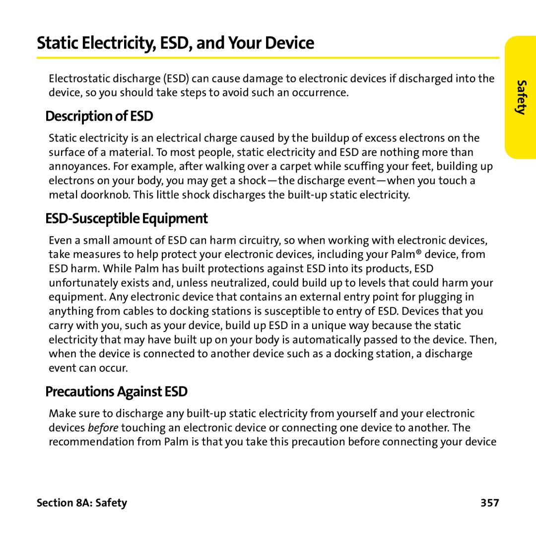 Palm PTR690HKP manual Static Electricity, ESD, and Your Device, Description of ESD, ESD-Susceptible Equipment, Safety 357 