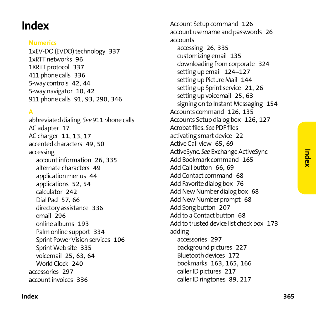 Palm PTR690HKP manual Index, 365 