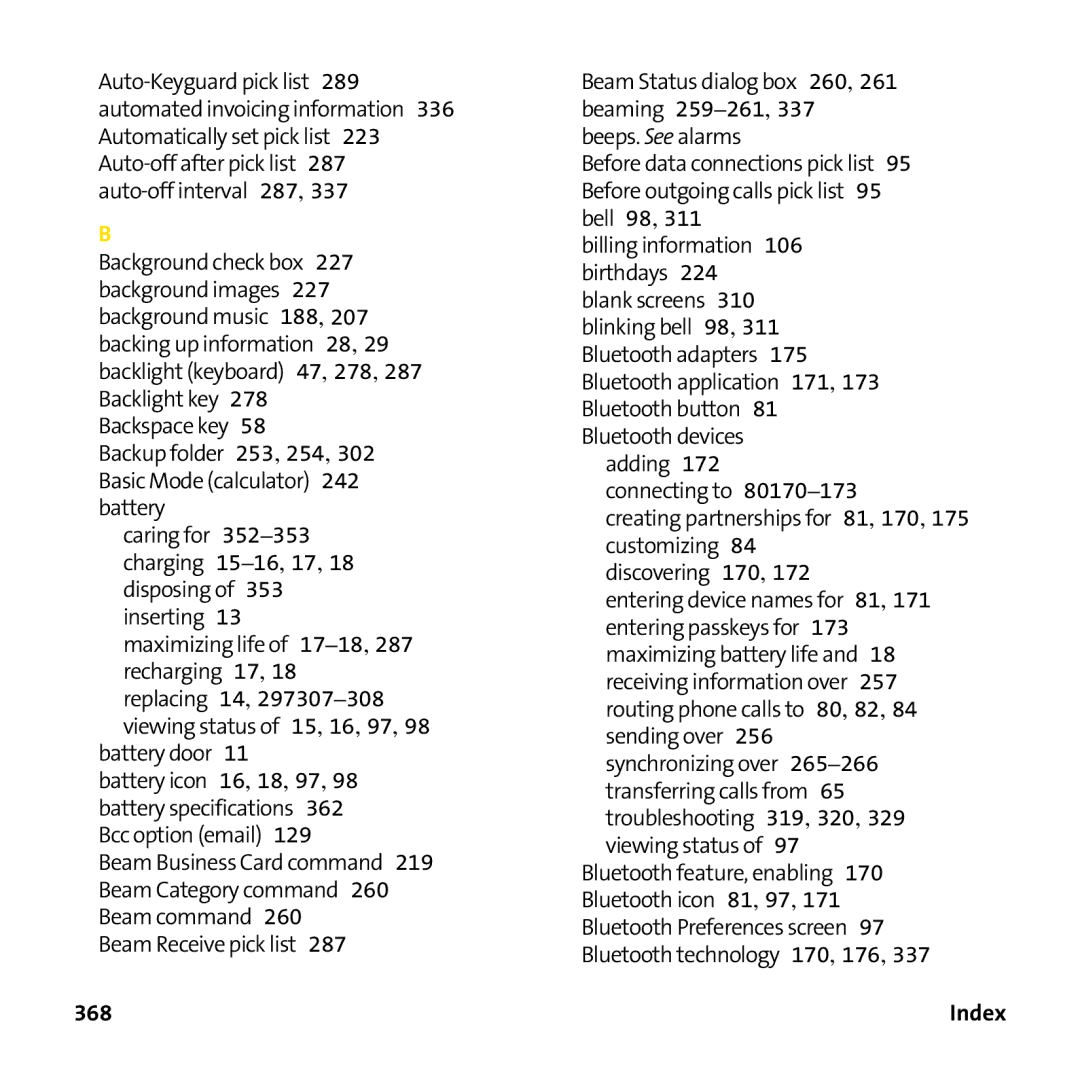 Palm PTR690HKP manual 368, Index 