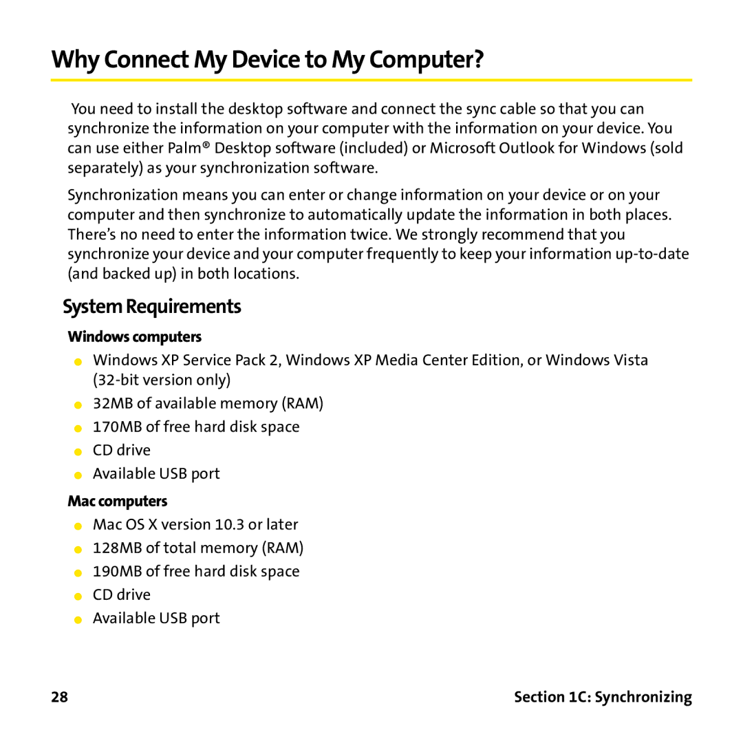 Palm PTR690HKP manual Why Connect My Device to My Computer?, System Requirements, Windows computers, Mac computers 