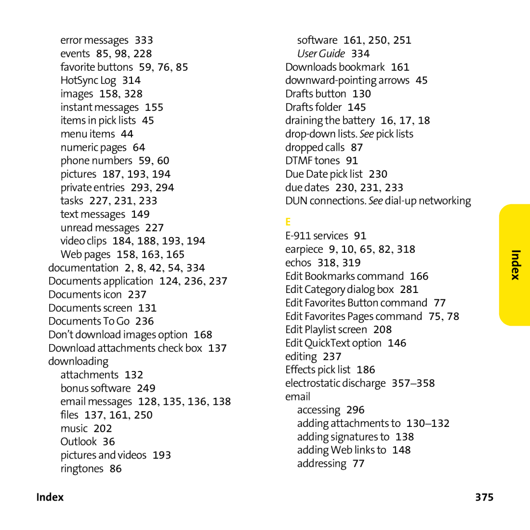 Palm PTR690HKP manual Index, 375 