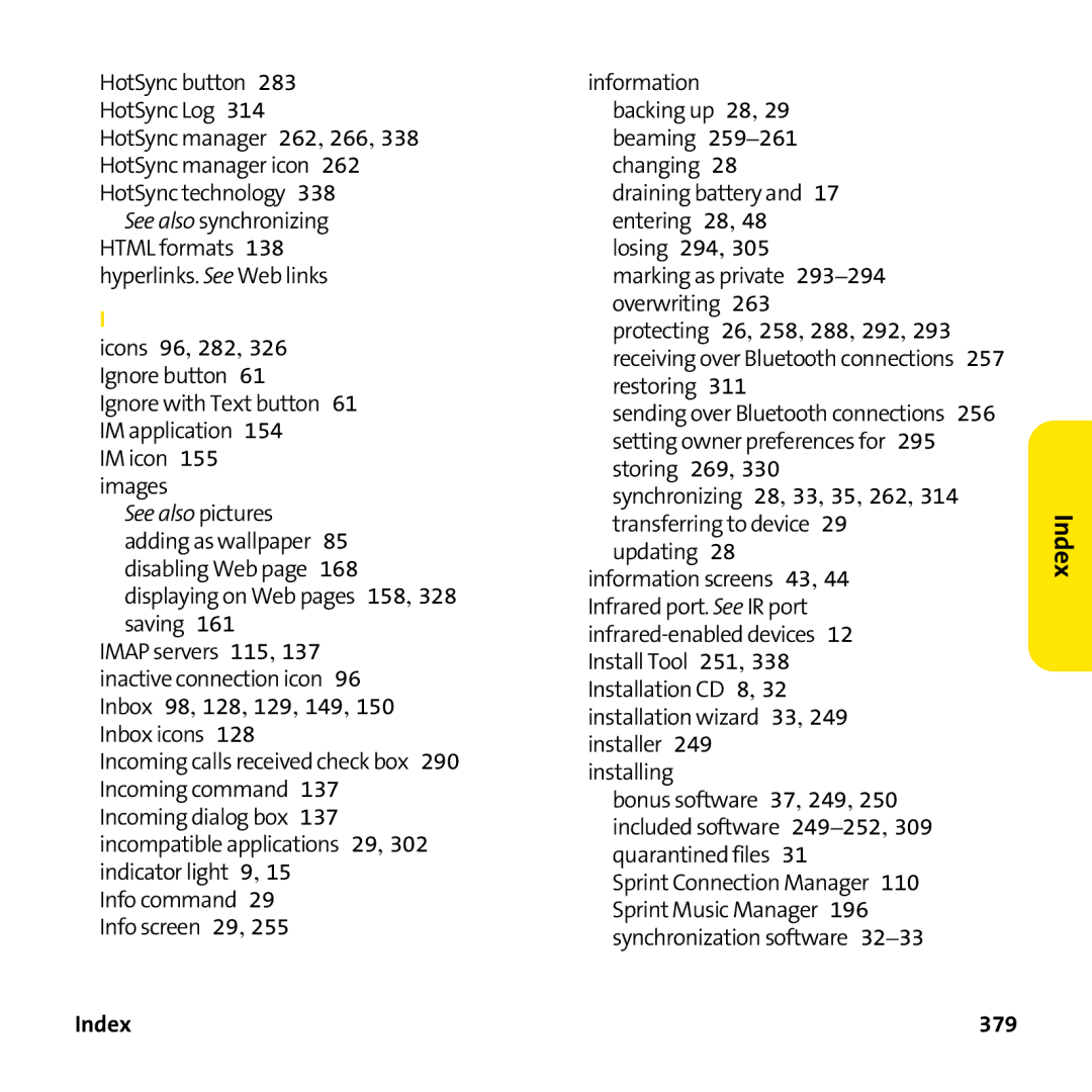 Palm PTR690HKP manual See also pictures adding as wallpaper 85 disabling Web, Index 379 