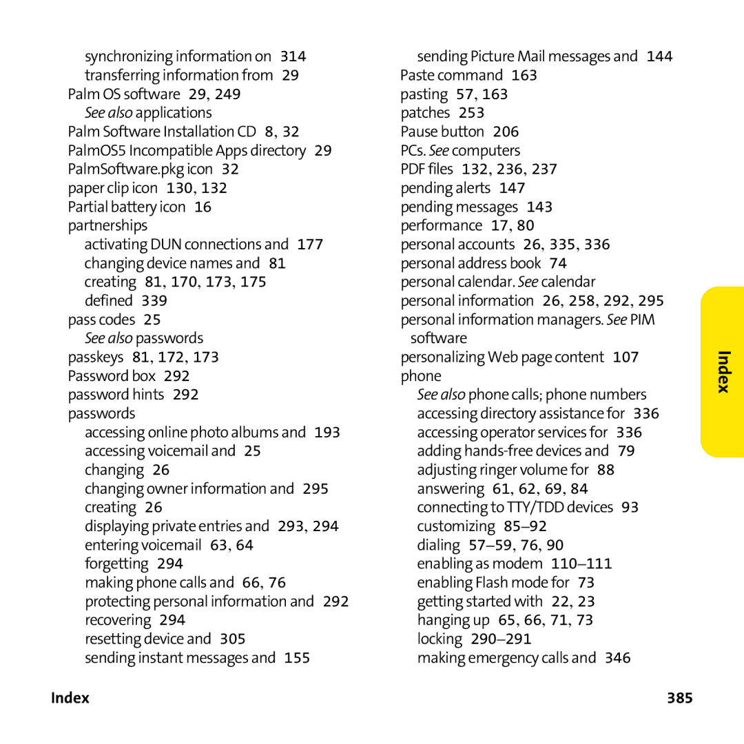 Palm PTR690HKP manual Sending Picture Mail messages and 144 Paste command, 385 