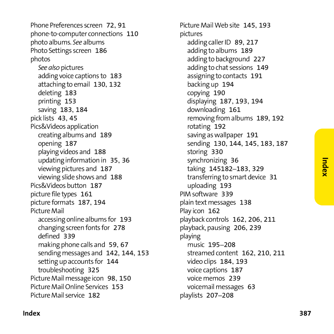 Palm PTR690HKP manual See also pictures, Index 387 