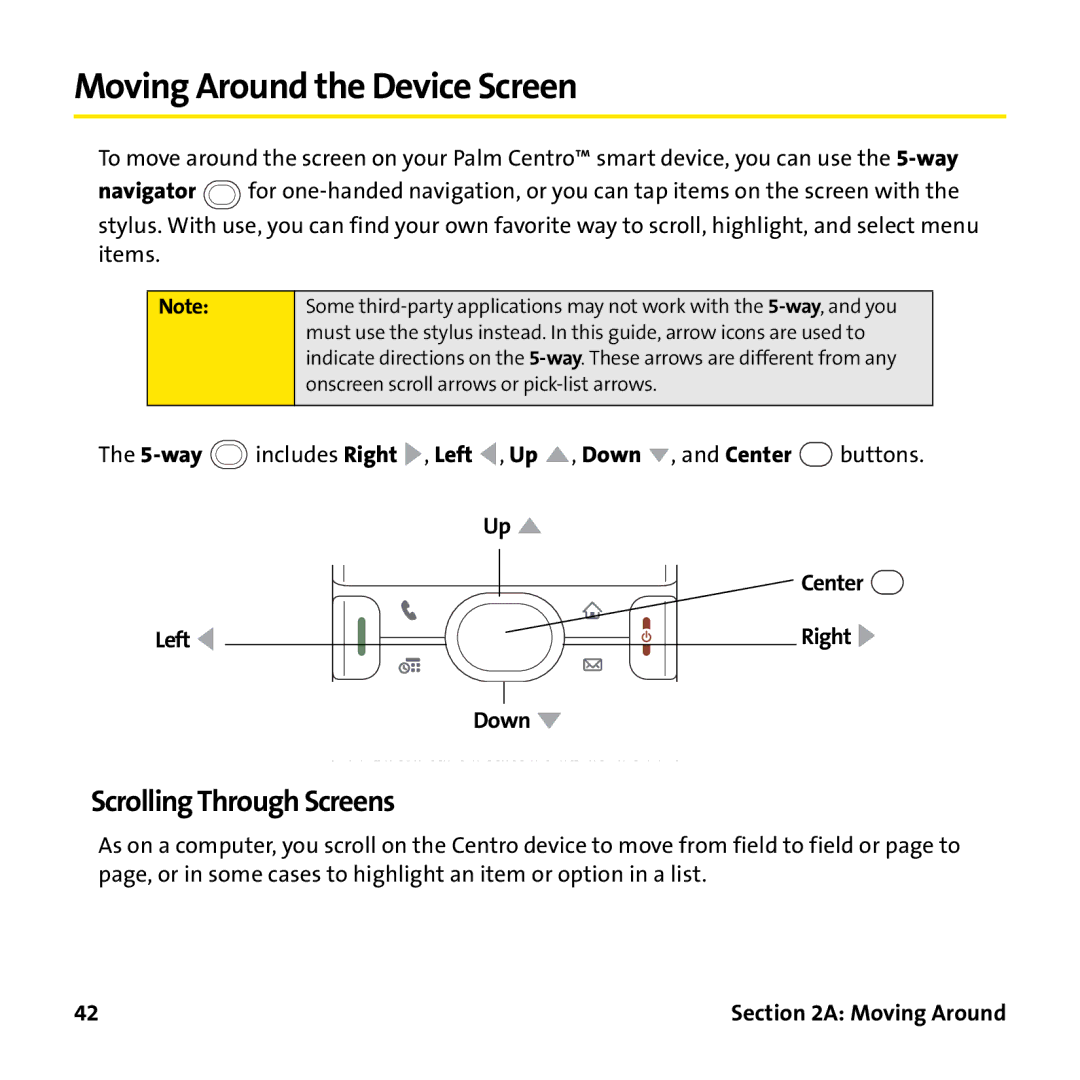 Palm PTR690HKP manual Moving Around the Device Screen, Scrolling Through Screens, Center Left, Down 