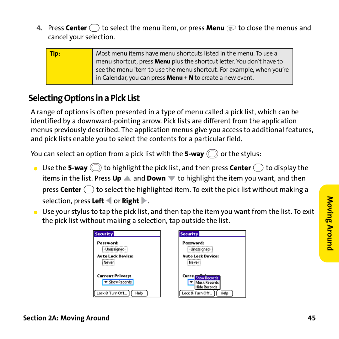 Palm PTR690HKP manual Selecting Options in a Pick List, Tip 