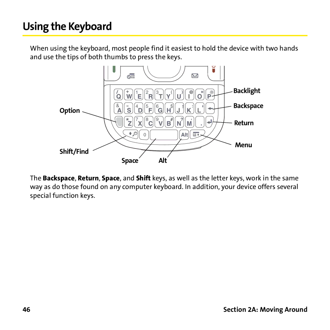 Palm PTR690HKP manual Using the Keyboard, Option, Return, Shift/Find Menu Space Alt 