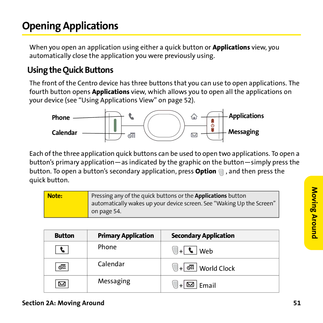 Palm PTR690HKP manual Opening Applications, Using the Quick Buttons, Secondary Application 