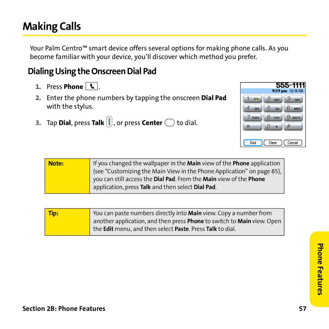 Palm PTR690HKP manual Making Calls, Dialing Using the Onscreen Dial Pad 