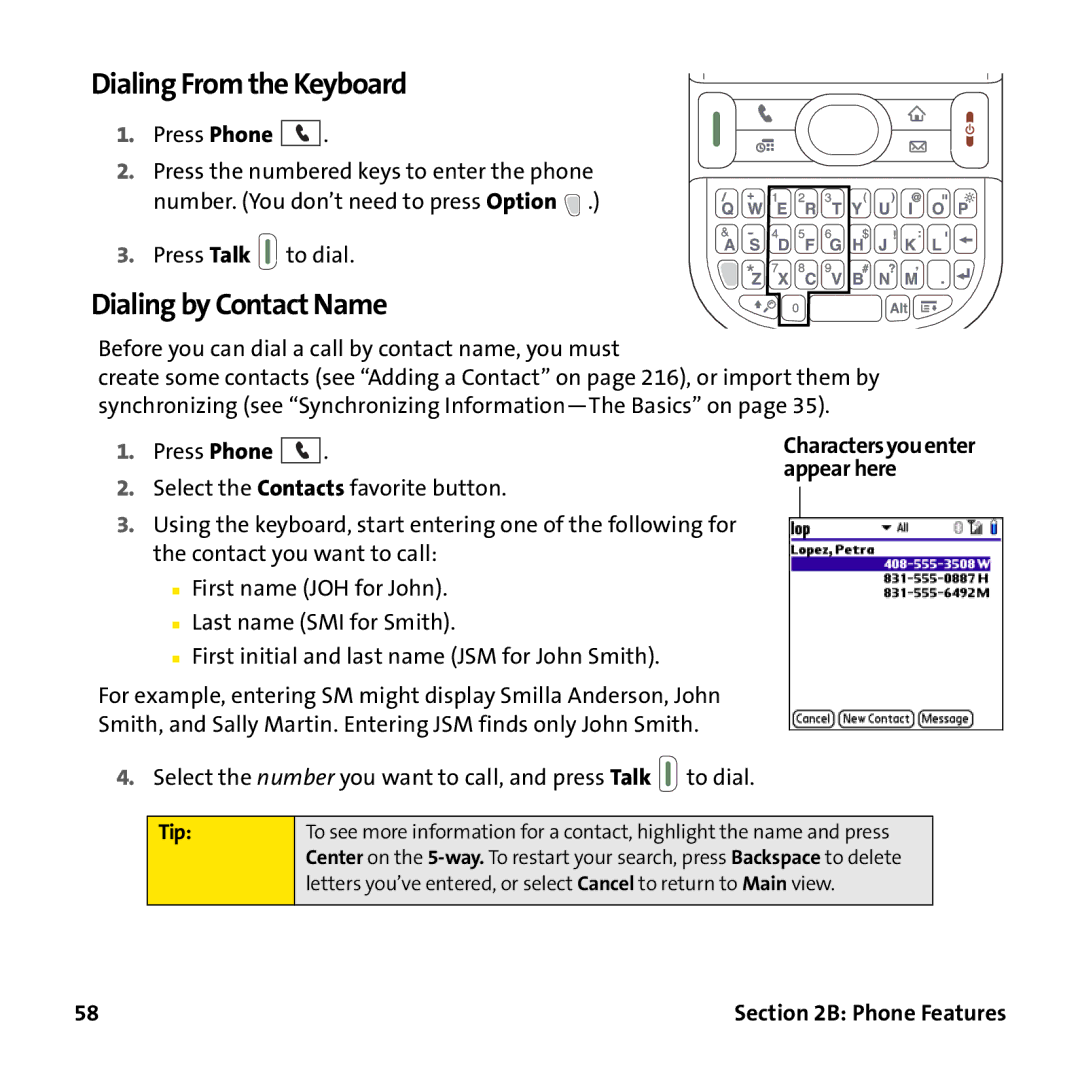 Palm PTR690HKP manual Dialing From the Keyboard, Dialing by Contact Name 