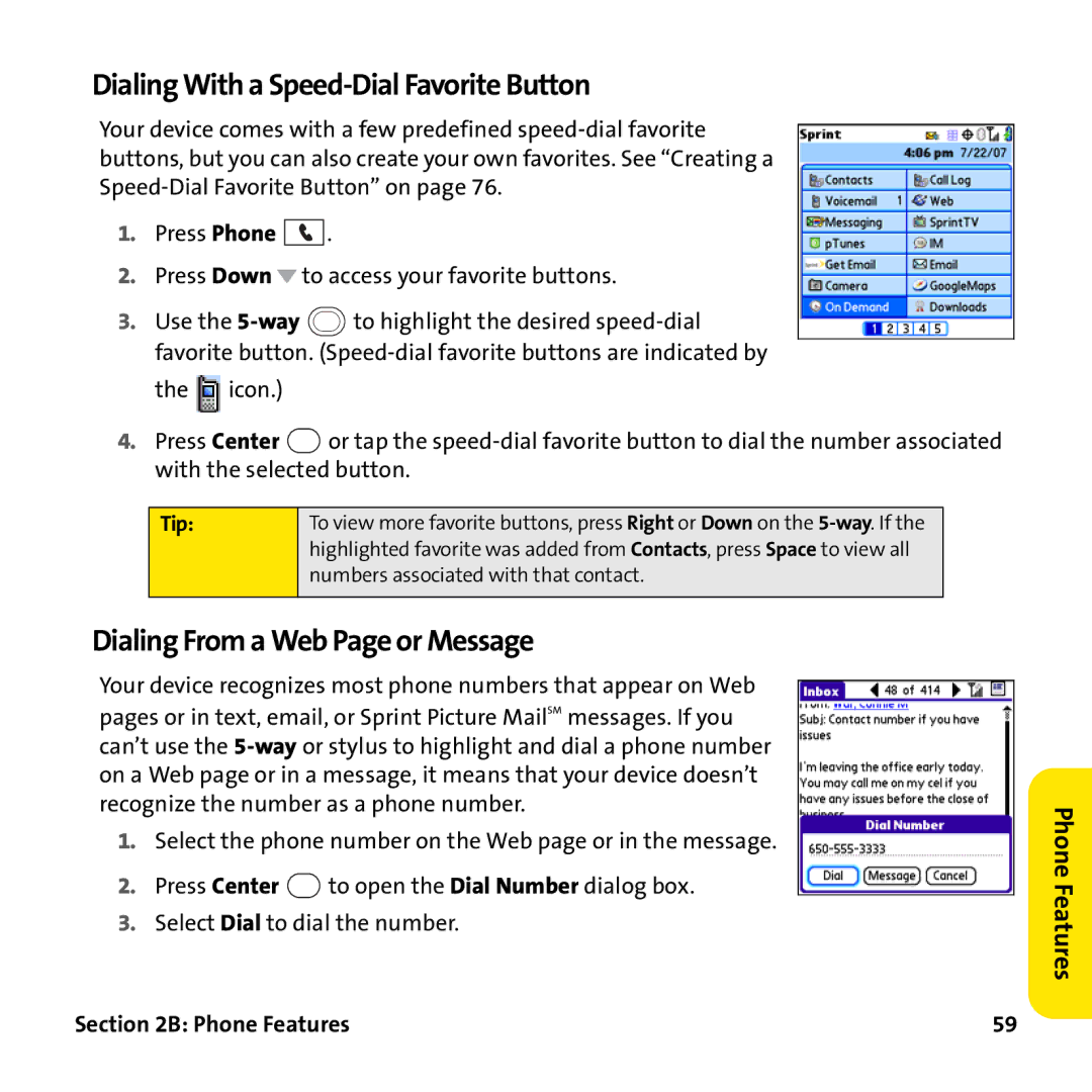 Palm PTR690HKP manual Dialing With a Speed-Dial Favorite Button, Dialing From a Web Page or Message 