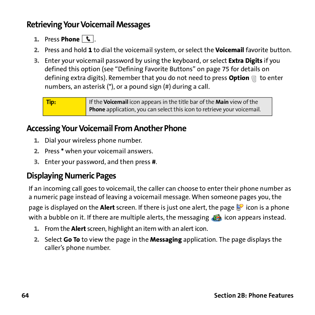 Palm PTR690HKP Retrieving Your Voicemail Messages, Accessing Your Voicemail From Another Phone, Displaying Numeric Pages 