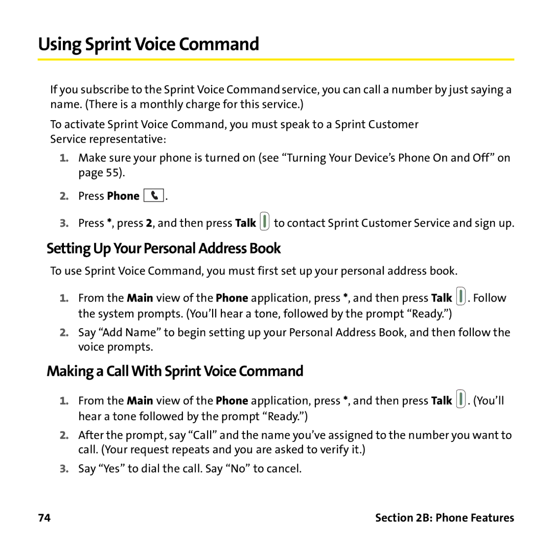 Palm PTR690HKP Using Sprint Voice Command, Setting Up Your Personal Address Book, Making a Call With Sprint Voice Command 