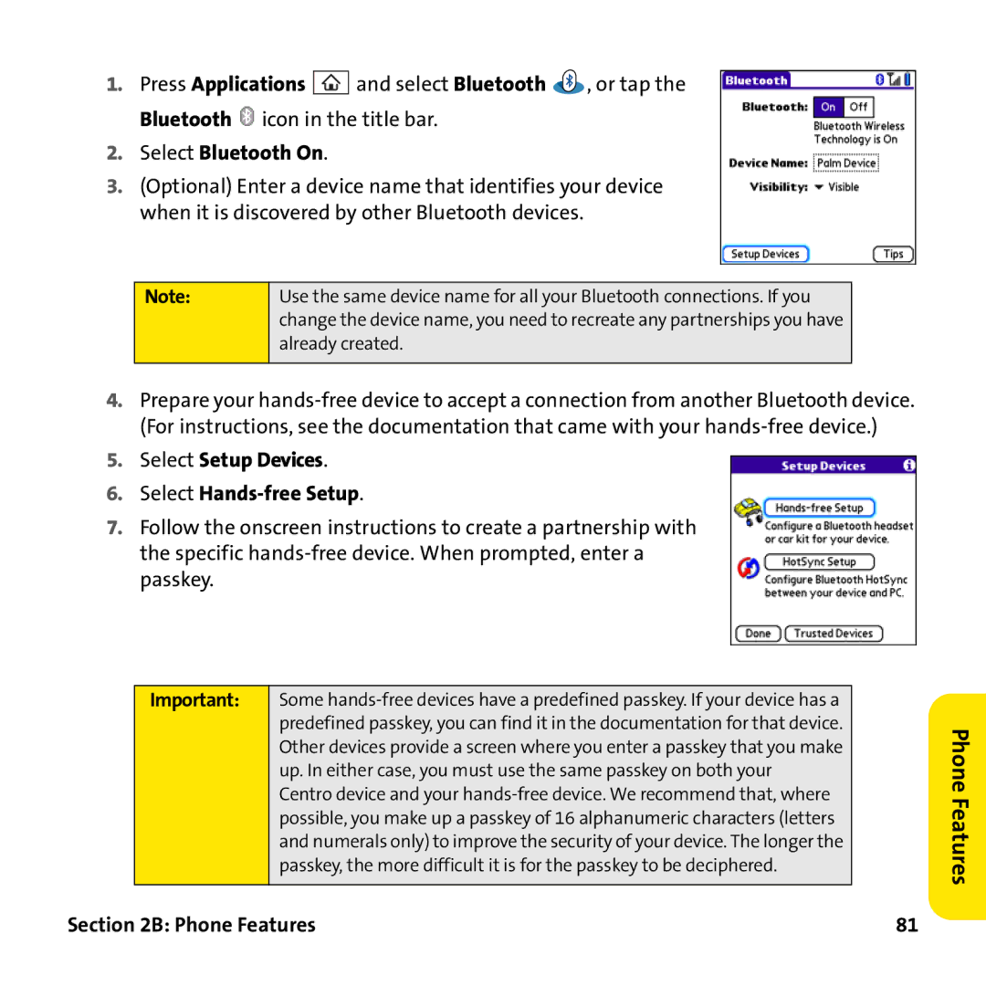 Palm PTR690HKP manual Select Bluetooth On, Select Setup Devices Select Hands-free Setup 