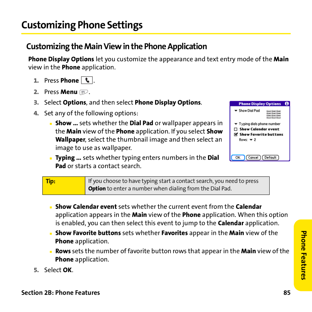 Palm PTR690HKP manual Customizing Phone Settings, Customizing the Main View in the Phone Application 