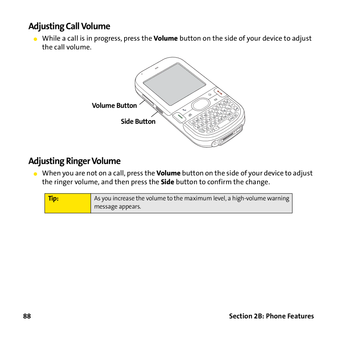 Palm PTR690HKP manual Adjusting Call Volume, Adjusting Ringer Volume 