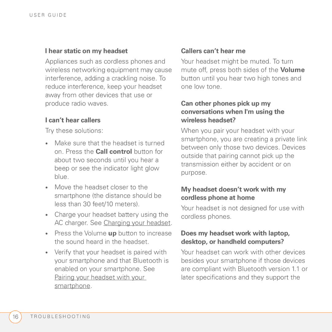 Palm Series 3 manual Hear static on my headset, Can’t hear callers, Callers can’t hear me 