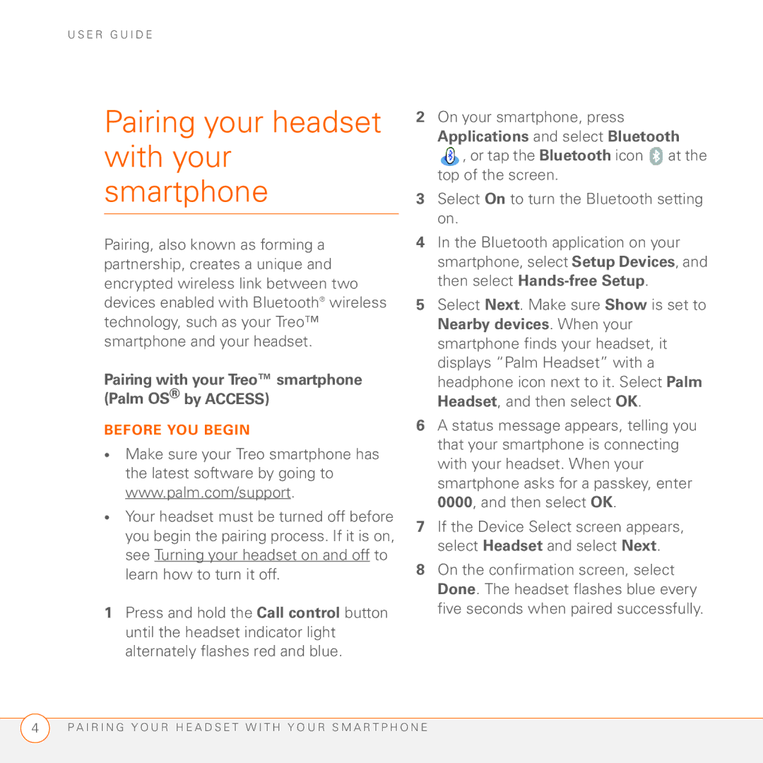 Palm Series 3 manual Pairing your headset with your smartphone 