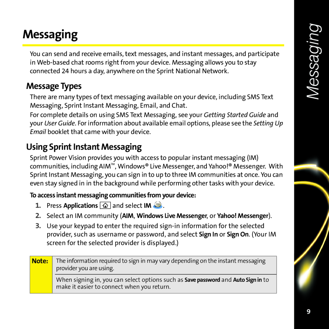 Palm Smart Phone manual Message Types, Using Sprint Instant Messaging 