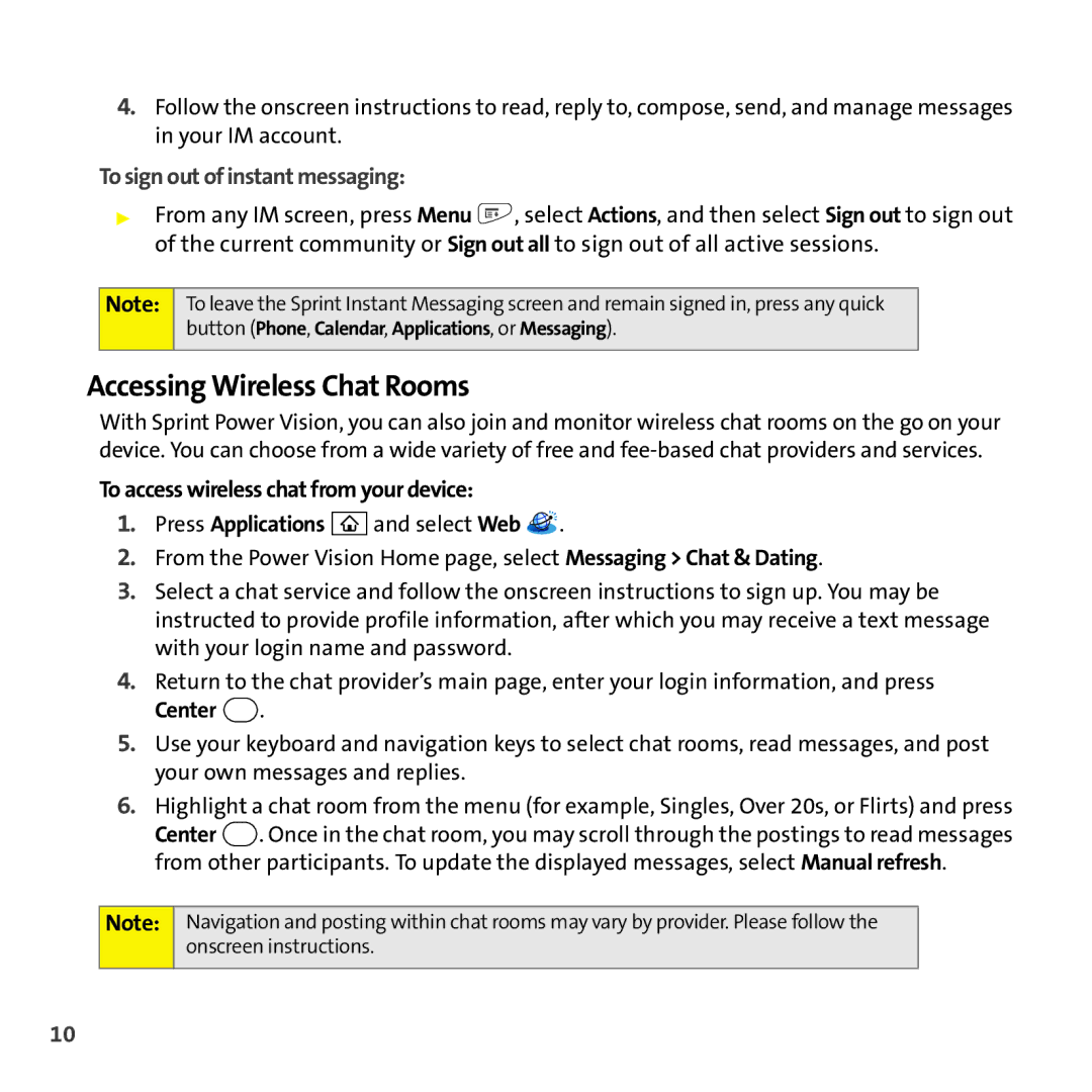 Palm Smart Phone Accessing Wireless Chat Rooms, To sign out of instant messaging, To access wireless chat from your device 